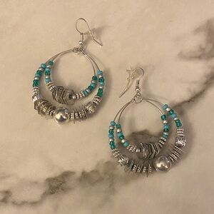 Silver and Turquoise Beaded Hoop Earrings